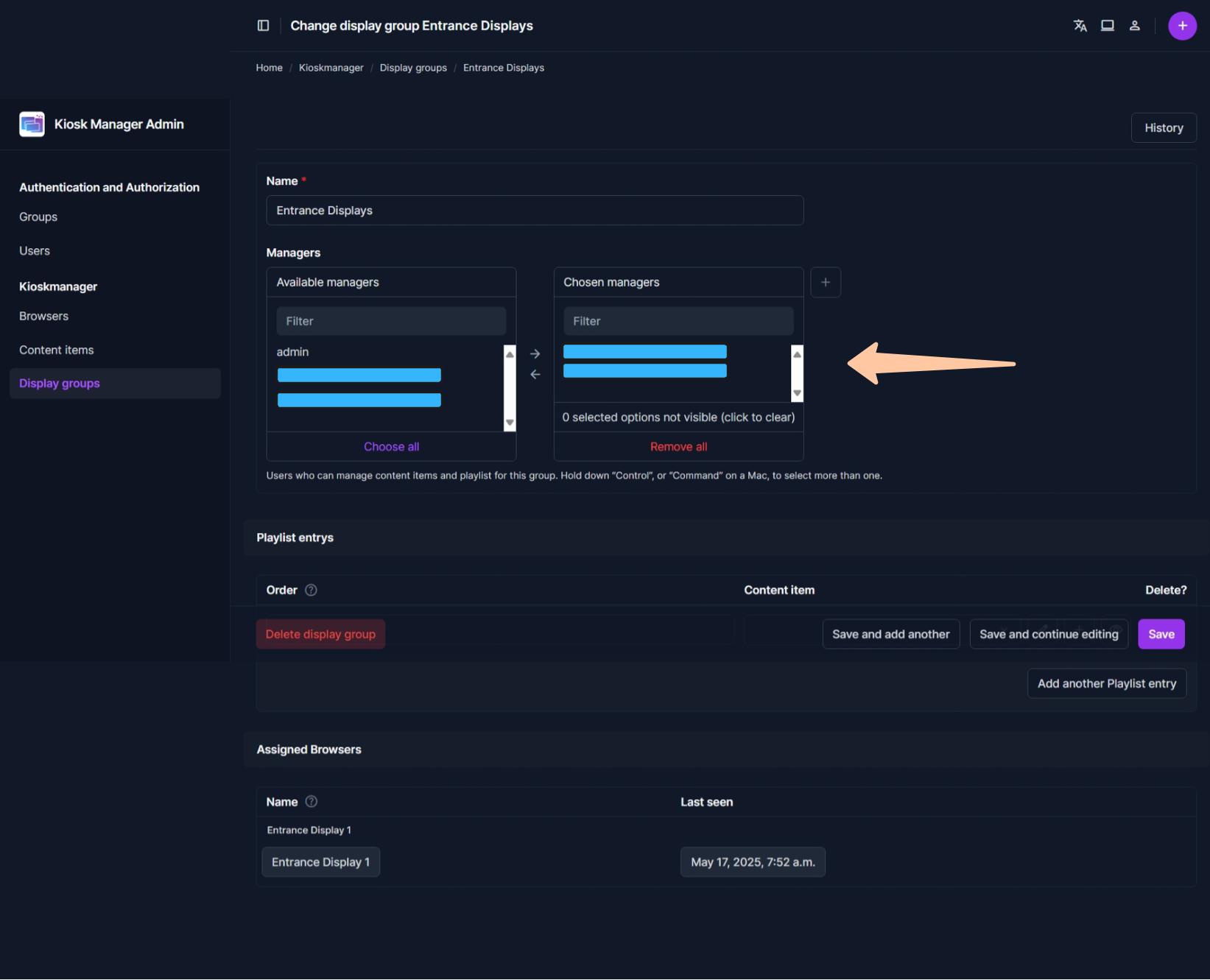 Display group options page